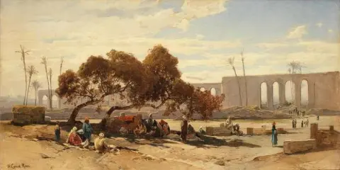 Figures Resting In The Shade Of A Ruined Temple