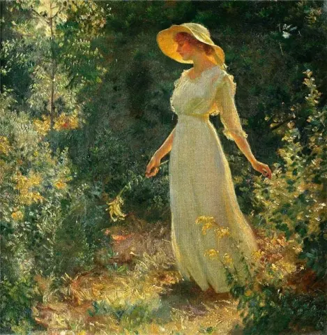 花园里穿白裙的女人 1918
