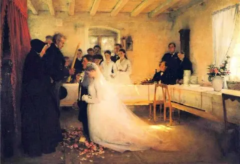 Zegening van het jonge stel vóór het huwelijk 1880-1881