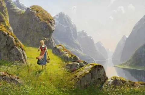 Fjordlandskap Med Vanrande Flicka