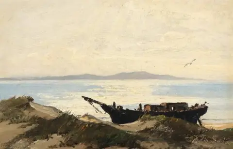 סצנה חופית עם ספינה שנגררה לחוף 1887