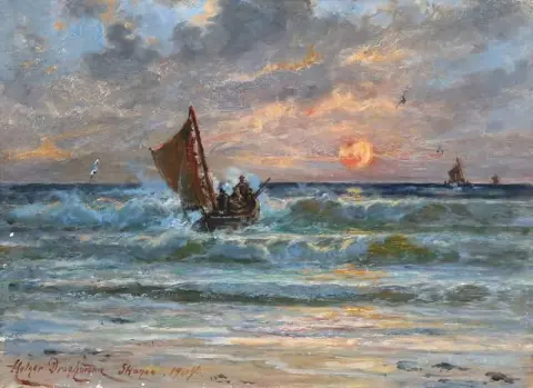 נוף ים עם שקיעת השמש מעל סירת דיג בגלים 1904