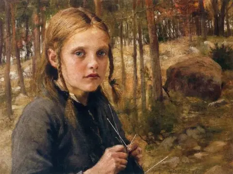 Sukkia neulova tyttö 1886
