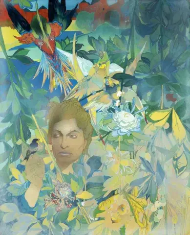Woman's Face Against A Background Of Lush Vegetation And Fantastic Birds
