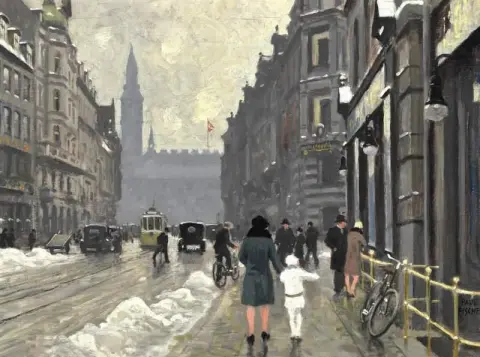 En vinterdag på Vester Voldgade. I bakgrunden Rådhustorget Köpenhamn