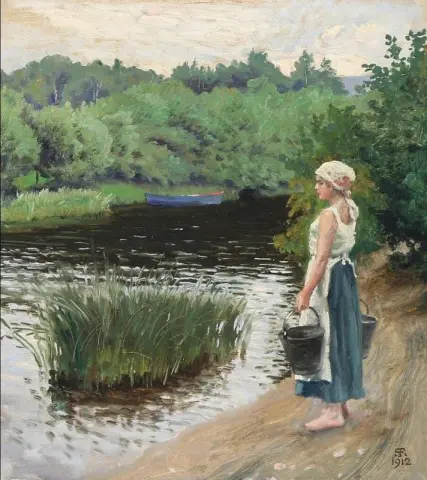 Eine junge Frau holt Wasser aus einem Bach, 1912