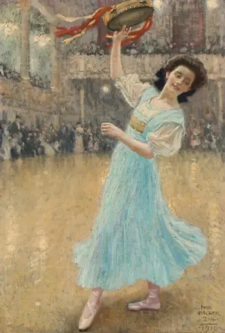 Eine junge Frau mit Tamburin tritt in einem Ballsaal auf, 1910