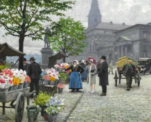 Ein elegantes Paar kauft Blumen am H Jbro Plads