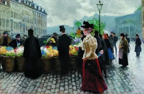 Ein eleganter Herr mit Zylinder kauft vor 1902 Blumen am H Jbro Plads