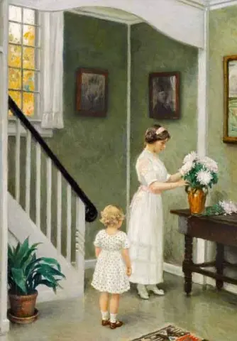 Interno con la figlia dell'artista Musse che sistema i fiori a Sofievej. Sua figlia Greta sta guardando