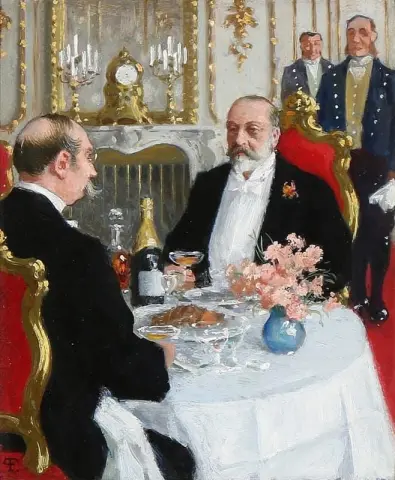 Il re Giorgio di Grecia e il re Edoardo VII d'Inghilterra brindano con champagne