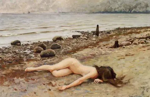 Das Wrack. Junges nacktes Mädchen, das am Strand liegt