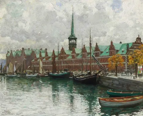 Blick vom Holmens Kanal auf die Börse Stoch in Kopenhagen