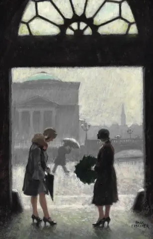 Blick vom Ved Stranden in Kopenhagen mit zwei Frauen, die vor dem Regen Schutz suchen. Im Hintergrund Christiansborg Slotskirke Die Schlosskirche
