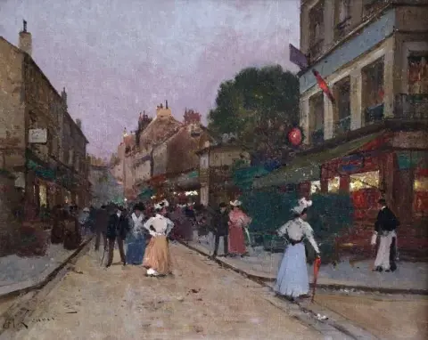 Elegant Figures In A Street Evening Ca. 1920