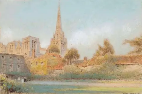 从 Bishop S 宫花园观看奇切斯特大教堂，1915-17 年