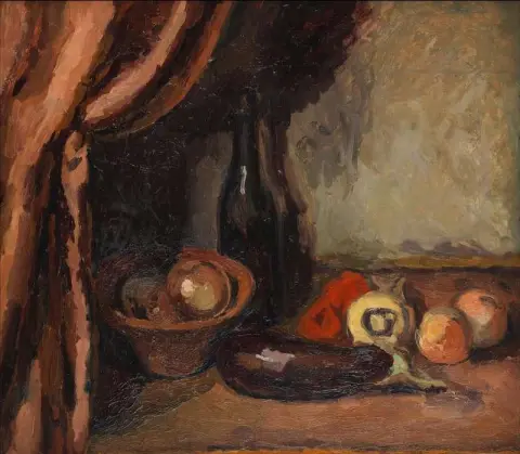 Natura morta con bottiglia nera e auerbergine 1926