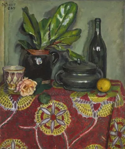 Natura morta da tavolo con vaso di bottiglia e pianta, 1965