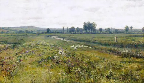 溪边有大雁的广阔草地景观 1892