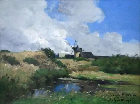 Vindmølle i landskap ca. 1890