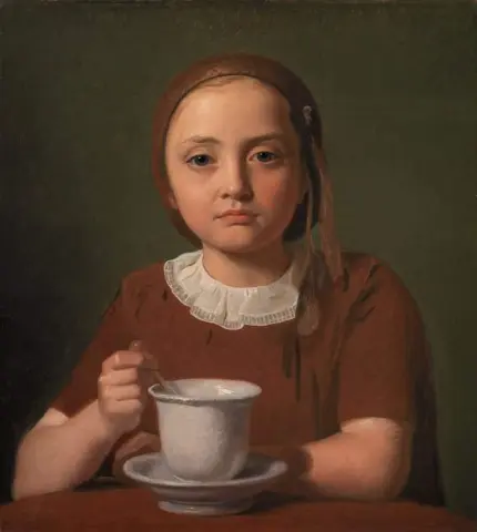Portrait Of A Little Girl Elise Kobke With A Cup In Front Of Her