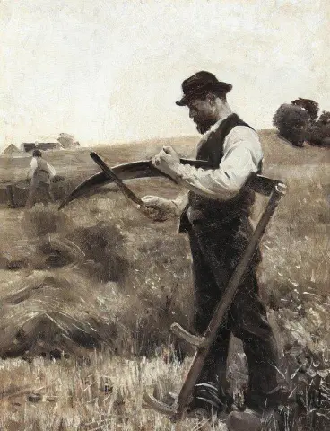 Oogstscène met een boer en zijn zeis
