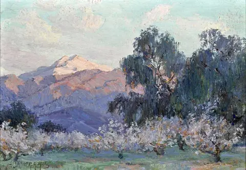 Evening Glow Mount San Jacinto With Flowering Almond Trees 1916