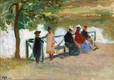 Damer Sittandes Pa En 银行，约 1901 年