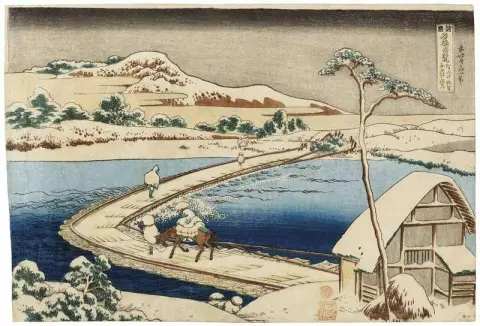 Pontoon Bridge At Sano Kozuke Province. Ancient View