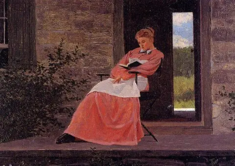 Tyttö lukee kivikuistilla 1872