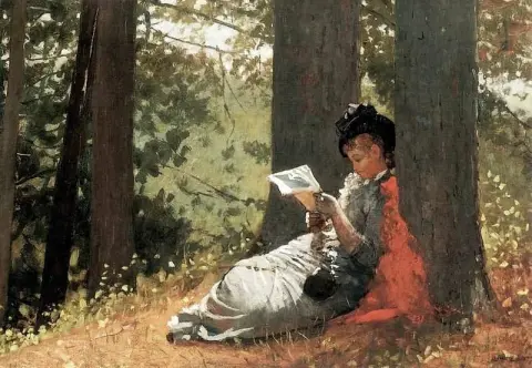 Tyttö lukee tammen alla 1879