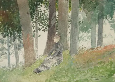 Tyttö istuu lehdossa 1880