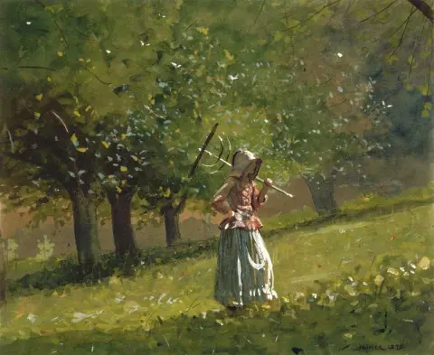 Tyttö heinäharava kanssa 1878