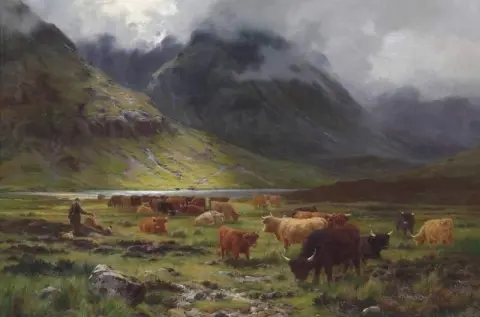 Bovini delle Highland in una valle 1891