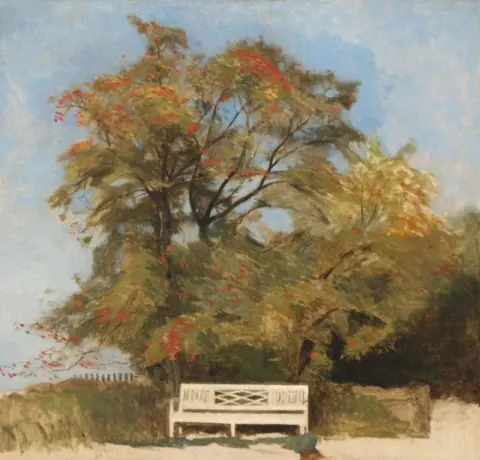Vista Del Giardino Con Una Panchina Bianca Sotto Un Albero In Fiore