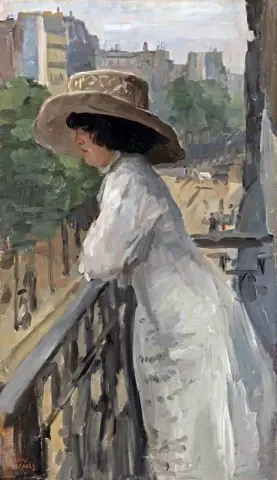 パリのクリニャンクール通りのバルコニーにいる優雅な女性 1910 年頃