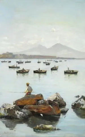渔民和渔船在那不勒斯湾。维苏威火山背景