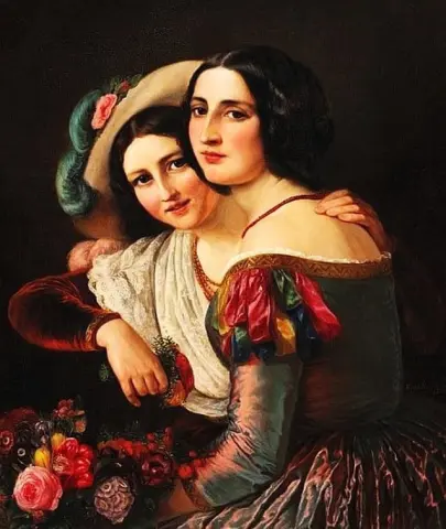 两位年轻的意大利妇女穿着色彩缤纷的礼服参加 1850 年的狂欢节