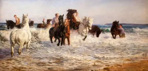 Paarden baden in de zee, 1900