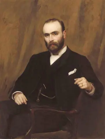 검은 양복을 입고 3/4 길이에 앉아 있는 알렉산더 가스사이드 화이트의 초상 1889