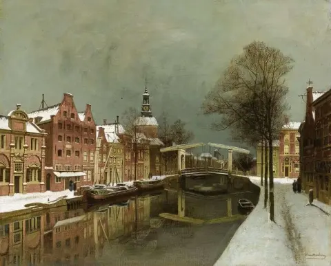 En vinterlig byutsikt Leiden