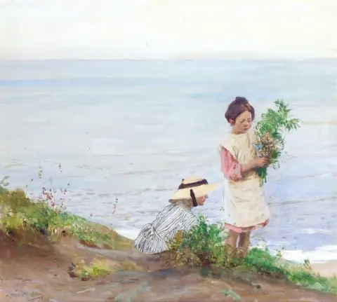 Girls Picking Flowers By The Sea