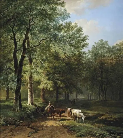 A Wooded Landscape With Travellers Resting On A Sunlit Path 1830