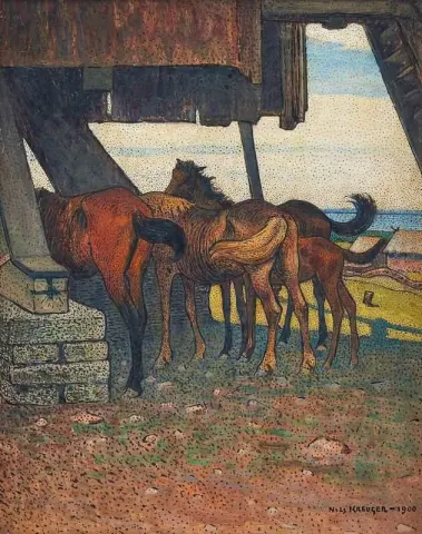 Kvalm - Tre Hastar Och Ett Fol Under En Kvarn 1900