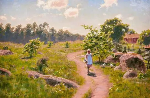 Flicka Med Korg I Solbelyst Landskap 1911