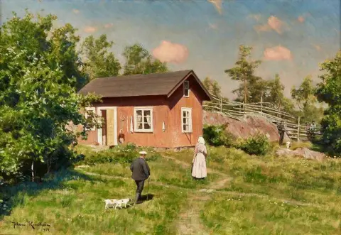 Red Cottage In Summer Landscape With Hunter And Dog