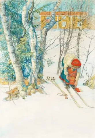 滑雪者女孩系紧她的滑雪板