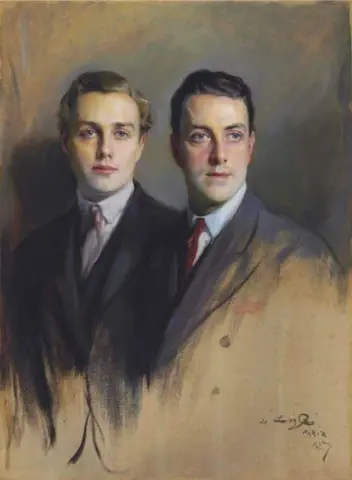 Retrato duplo de Reginald Wright e John Brady Wright, seu enteado, meio comprimento, 1927