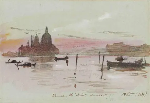 威尼斯。从 Riva Degli Schiavoni 日落看到的圣母玛利亚教堂 1865