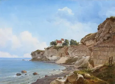 Vista desde Stevns Klint con la iglesia Hojerup 1856